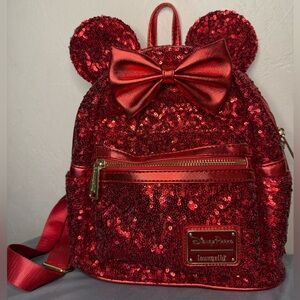 Disney Loungefly Red Sequin Minnie Ear Mini Backpack with Bow Accent